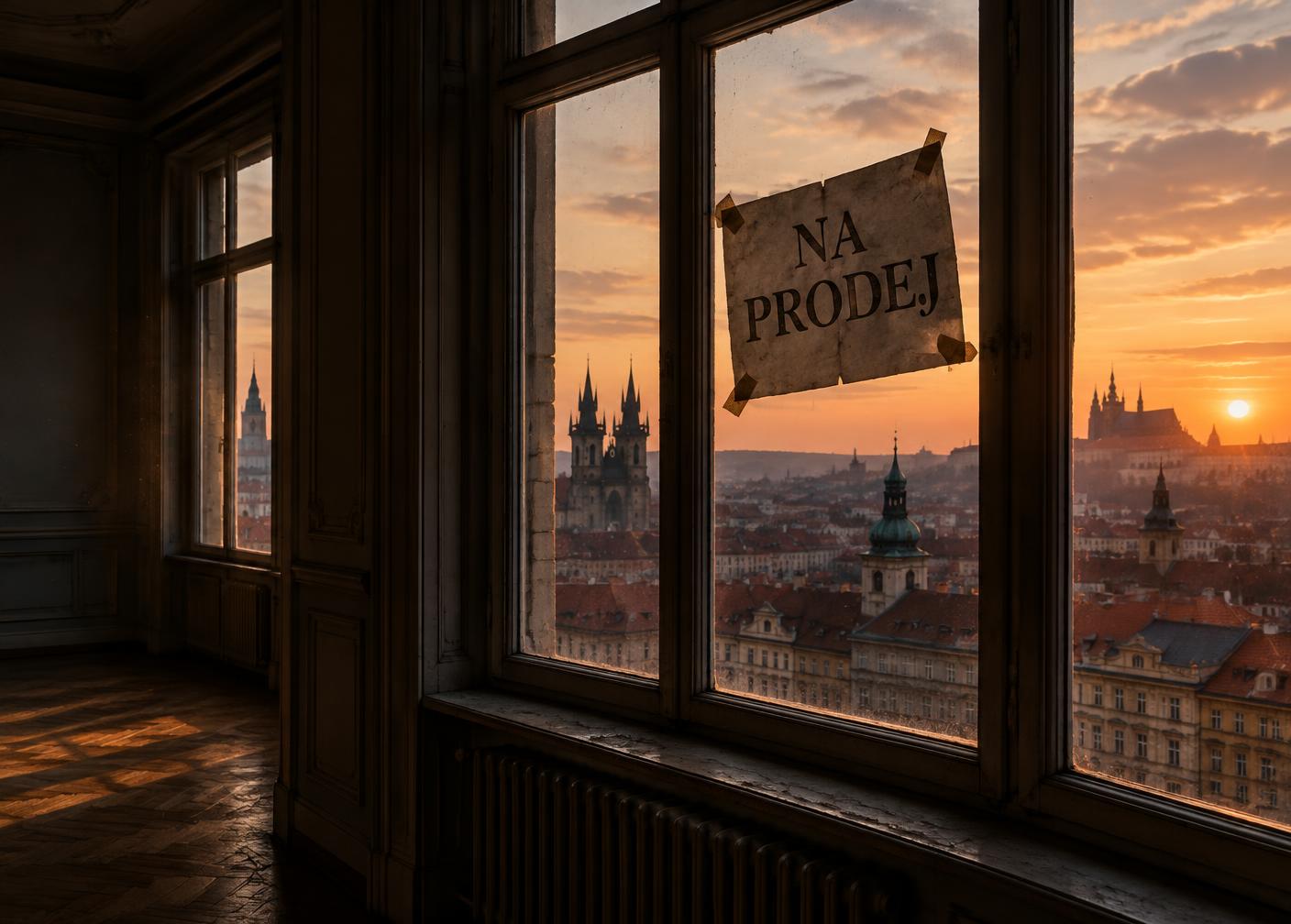 Prázdný pražský byt s letákem na prodej na podlaze